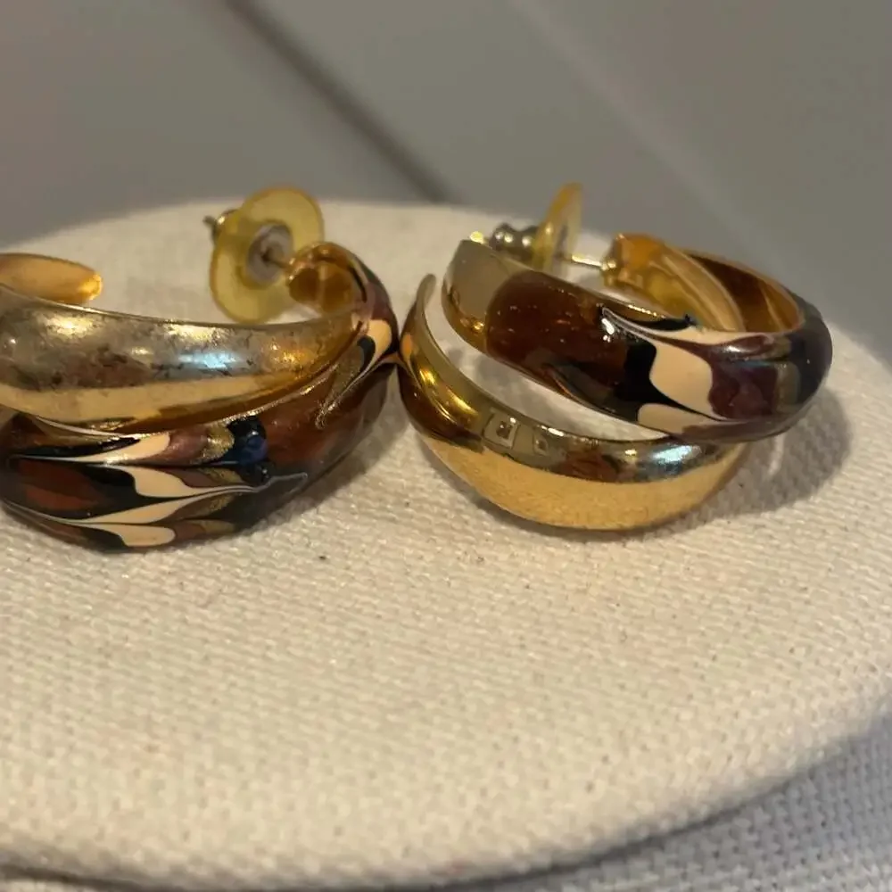 Vintage Gold Tone Earthy Colored Enamel Double Loop Half Hoop Pierced Earrings